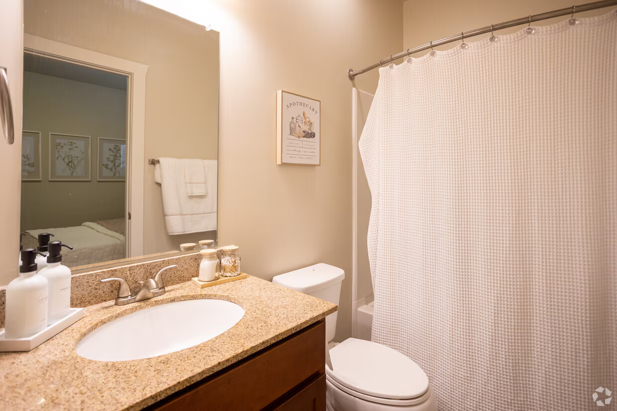 Bathroom with a granite vanity and a tub-shower