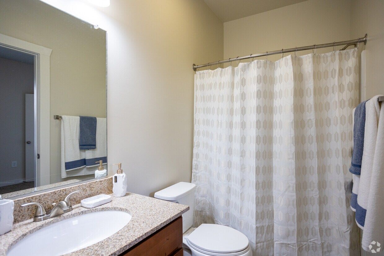 Bathroom with a granite vanity and a tub-shower